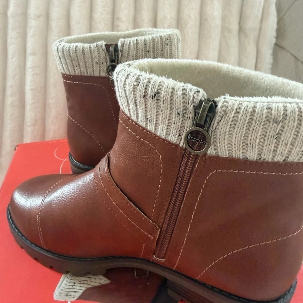 Brown Ankle Boots JSport Women’s Size 7 Knit Cuff Side Zipper